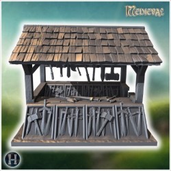 Open wooden market stall with a slanted roof, display shelves, and hanging tools (51)