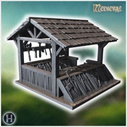 Open wooden market stall with a slanted roof, display shelves, and hanging tools (51)