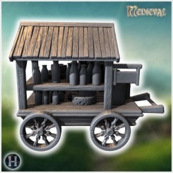 Wooden cart with a roof, filled with milk bottles and stacked wheels of cheese on shelves (53)