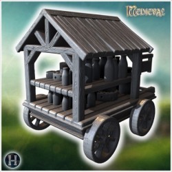 Wooden cart with a roof, filled with milk bottles and stacked wheels of cheese on shelves (53)