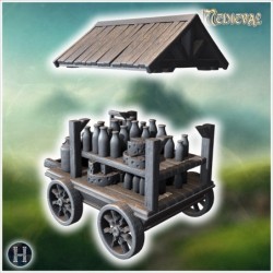 Wooden cart with a roof, filled with milk bottles and stacked wheels of cheese on shelves (53)