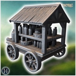 Wooden cart with a roof, filled with milk bottles and stacked wheels of cheese on shelves (53)