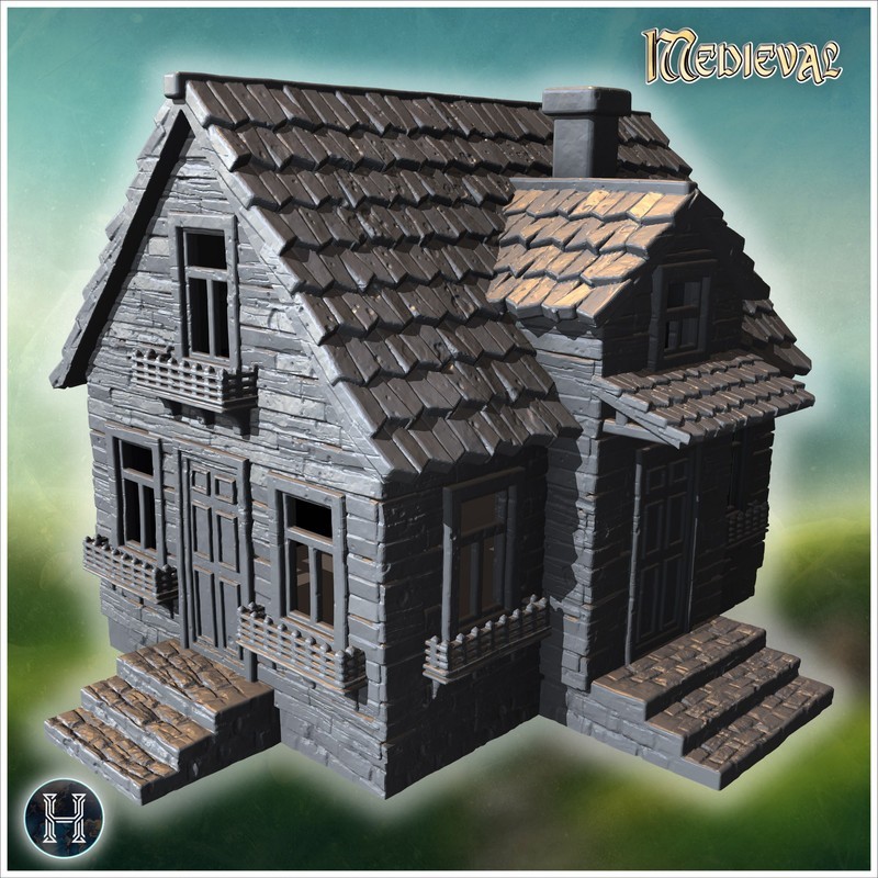 Compact house with steep roof, stone base, and decorative wooden details (58)