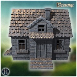 Compact house with steep roof, stone base, and decorative wooden details (58)