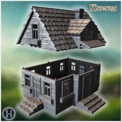 Compact house with steep roof, stone base, and decorative wooden details (58)