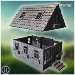 Compact house with steep roof, stone base, and decorative wooden details (58)