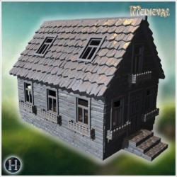 Compact house with steep roof, stone base, and decorative wooden details (58)