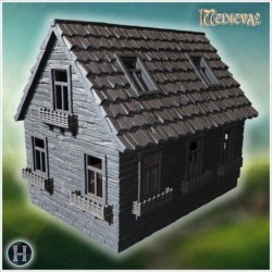 Compact house with steep roof, stone base, and decorative wooden details (58)