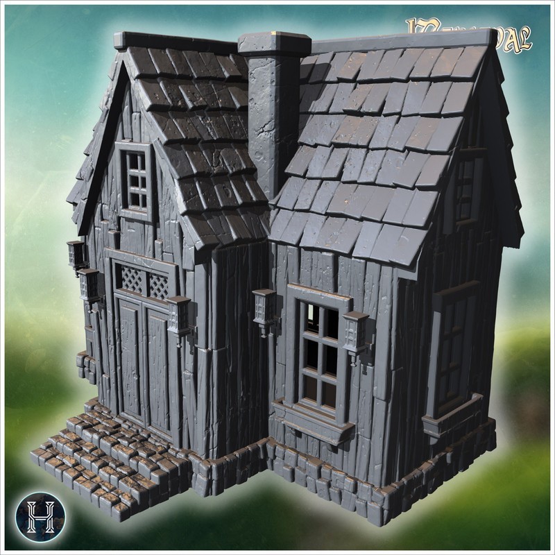 Small wooden house with steep gable roof and detailed window frames (64)