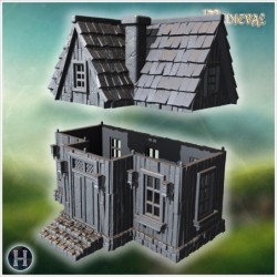 Small wooden house with steep gable roof and detailed window frames (64)