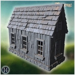 Small wooden house with steep gable roof and detailed window frames (64)