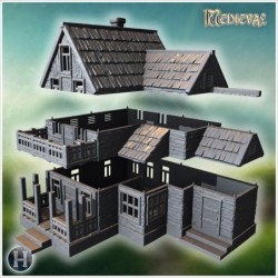 Large multi-wing wooden house with extended porch and steep shingled roofs (67)