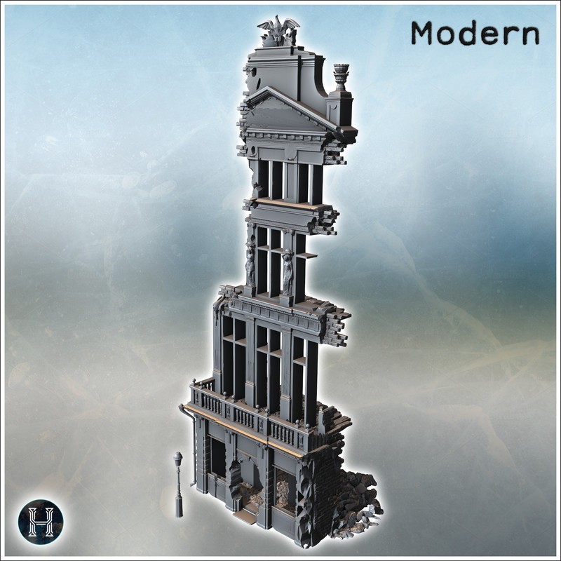 Bâtiment étroit et haut avec toit gothique, statues ornées et lourds dégâts aux éléments structurels (7)