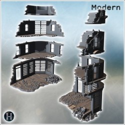 Façade de bâtiment courbée avec fenêtres brisées, impacts de balles et murs partiellement effondrés (9)