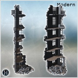 Structure étroite en ruine avec fenêtres détaillées, briques exposées et débris à la base (10)