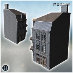 Immeuble d'angle élevé avec des détails ornementaux, toit mansardé et plusieurs fenêtres à chaque étage (Carentan, Normandie