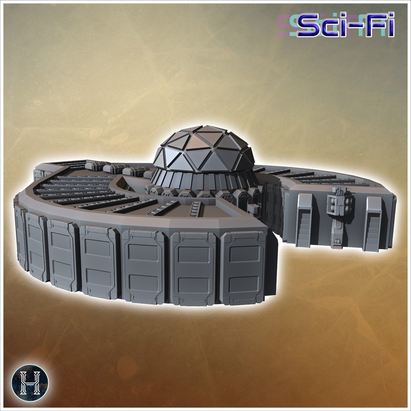 Futuristic dome structure with numerous panels and multiple entrances on an extended base (9)