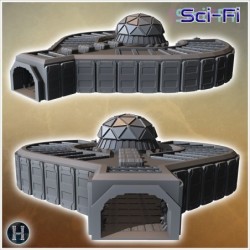 Futuristic dome structure with numerous panels and multiple entrances on an extended base (9)