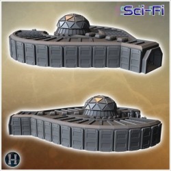 Futuristic dome structure with numerous panels and multiple entrances on an extended base (9)