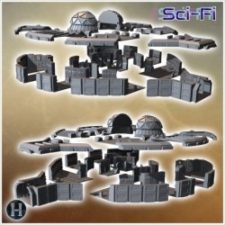 Futuristic dome structure with numerous panels and multiple entrances on an extended base (9)