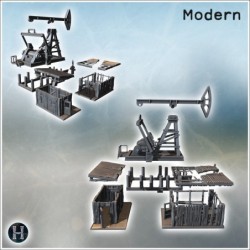 Oil rig with wooden structures, pipes, and mechanical equipment on raised platform (5)