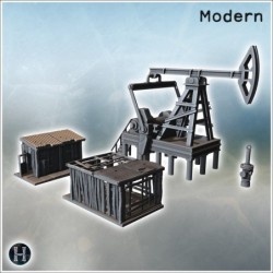 Oil rig with wooden structures, pipes, and mechanical equipment on raised platform (5)