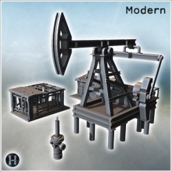 Oil rig with wooden structures, pipes, and mechanical equipment on raised platform (5)