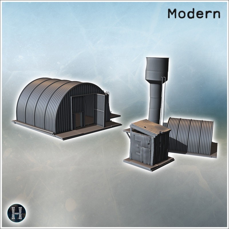 Bâtiment de stockage voûté avec tour d'eau cylindrique et structures métalliques dans un agencement compact (11)