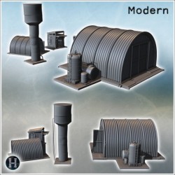 Bâtiment de stockage voûté avec tour d'eau cylindrique et structures métalliques dans un agencement compact (11)