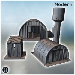 Arched storage building with cylindrical water tower and metal structures in a compact setup (11)