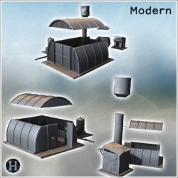 Bâtiment de stockage voûté avec tour d'eau cylindrique et structures métalliques dans un agencement compact (11)