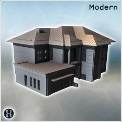 Modern house with symmetrical design, metallic roof, large windows, and an attached garage structure (16)