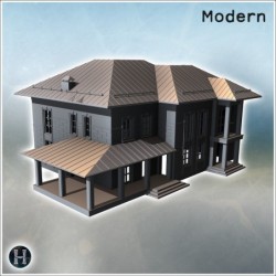 Modern house with symmetrical design, metallic roof, large windows, and an attached garage structure (16)