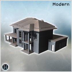 Modern house with symmetrical design, metallic roof, large windows, and an attached garage structure (16)