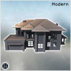 Modern house with symmetrical design, metallic roof, large windows, and an attached garage structure (16)