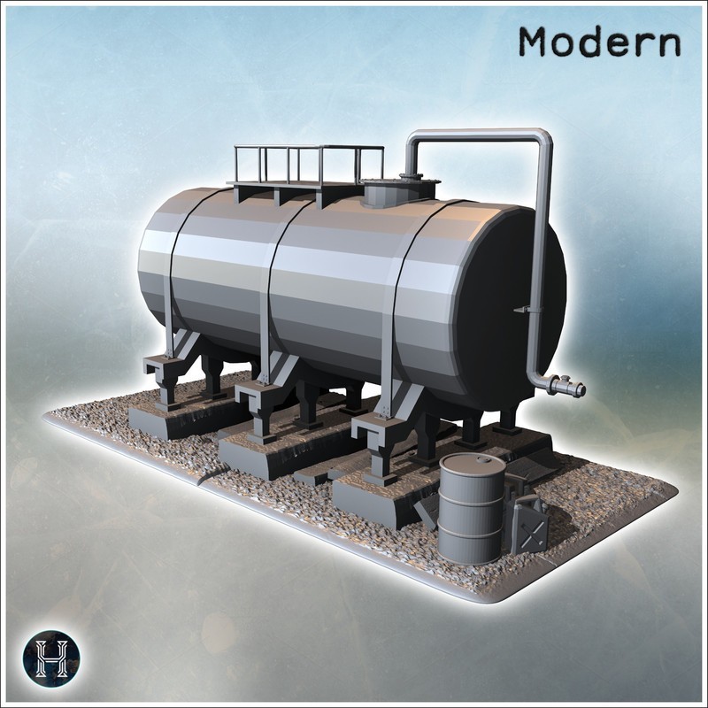 Large industrial tank with supporting structure and additional barrels and canisters (2)