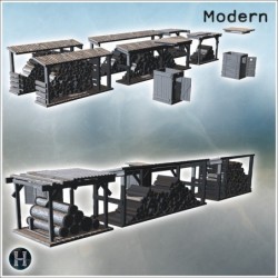 Groupe d'abris à bois avec des bûches empilées, petites unités de stockage adjacentes (10)