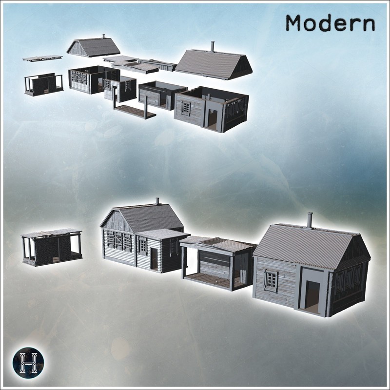 Maisons en bois simples avec porches, structures métalliques et en bois alignées (13)