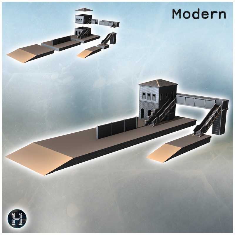 Railway station with platforms for trains and elevated walkway for pedestrians (5)