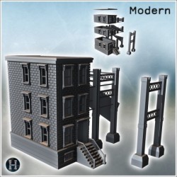 Bâtiment moderne en brique à étage avec escalier d'accès et structure en poutres métalliques (7)