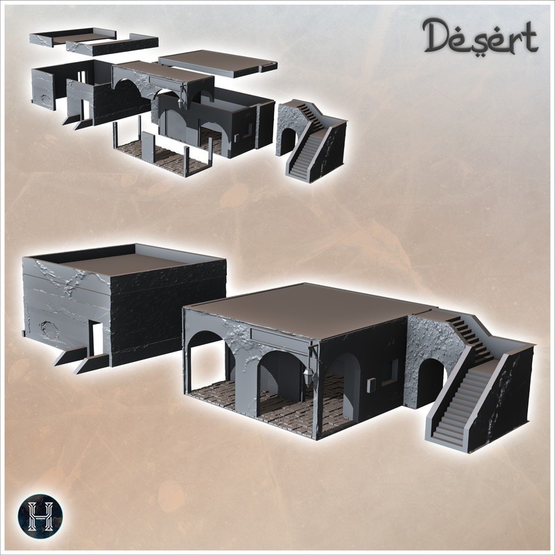 Set de deux bâtiments orientaux toit plat avec lanterne et grand escalier (10)