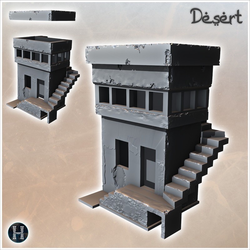 Bâtiment désertique avec escalier extérieur apparent et salle vitrée à l'étage (17)