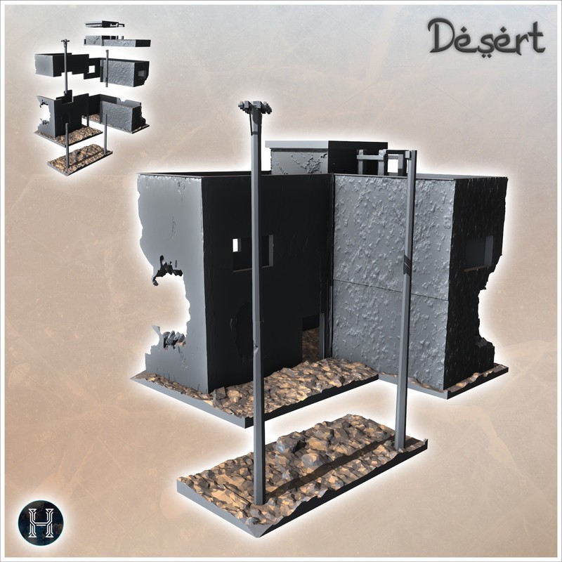 Bâtiment désertique à étage, toit plat et avec poteaux électriques (20)