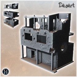 Bâtiment désertique à toit plat en ruine avec piliers en bois, débris et multiples étages (22)