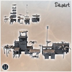 Ensemble de bâtiments fortifiées orientaux avec palmiers, tours de surveillance et structures en bois (28)