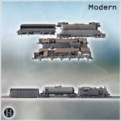 Modern railway convoy with locomotive, tanker car, freight car, and rails (2)