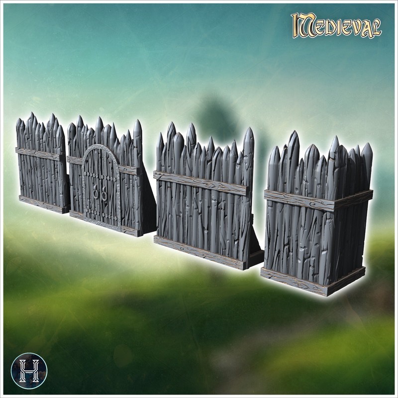 Tall wooden palisade with pointed stakes and an integrated gate with reinforced doors (6)