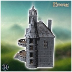 Large medieval residence with wide arched balcony and stone clock tower (10)