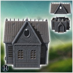 Gothic medieval building with spikes, ornamented walls and round windows (13)