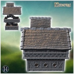 Tiled-roof medieval building with fireplace, access staircase and archway (19)